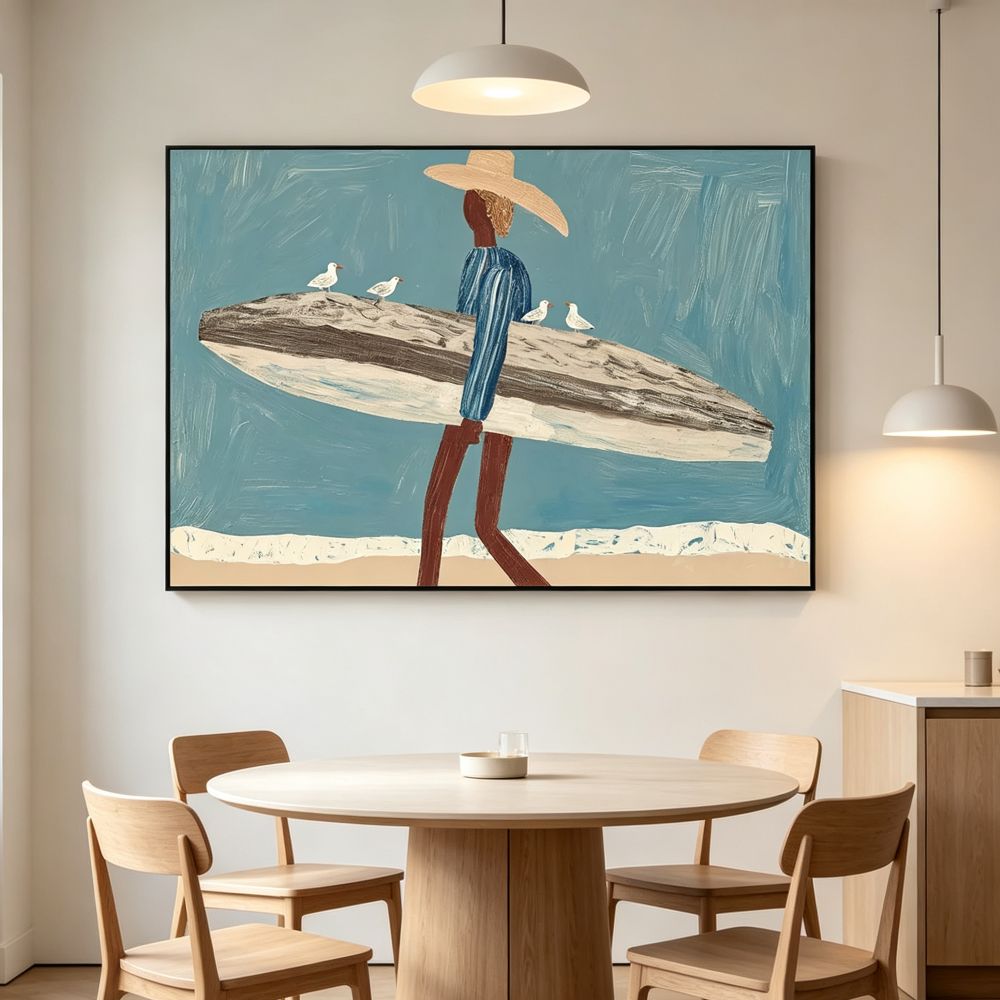 Surfer Painting Minimalist Coastal Beach Canvas Artwork #AE100