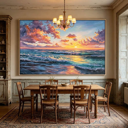 Hand-painted Textured Ocean Wave Oil Painting, Sunset Seascape Canvas Wall Art, Living Room Decor