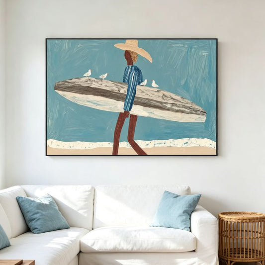 Surfer Painting Minimalist Coastal Beach Canvas Artwork #AE100