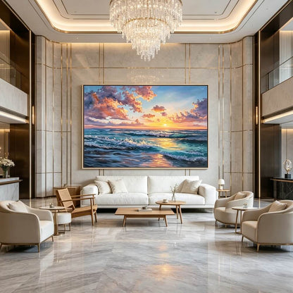 Hand-painted Textured Ocean Wave Oil Painting, Sunset Seascape Canvas Wall Art, Living Room Decor