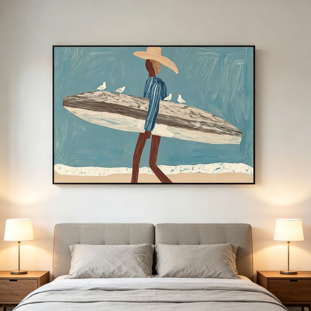 Surfer Painting Minimalist Coastal Beach Canvas Artwork #AE100