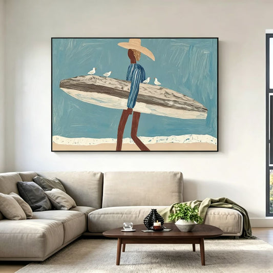 Surfer Painting Minimalist Coastal Beach Canvas Artwork #AE100
