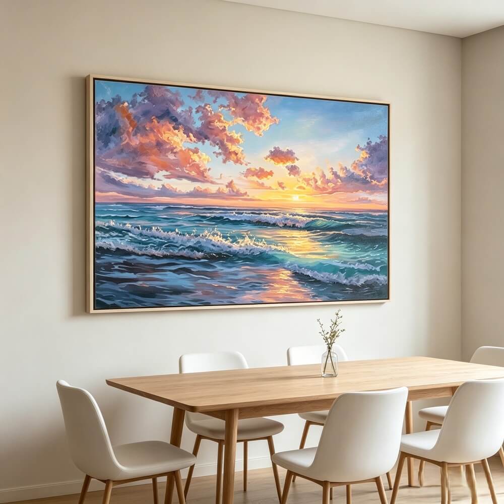 Hand-painted Textured Ocean Wave Oil Painting, Sunset Seascape Canvas Wall Art, Living Room Decor