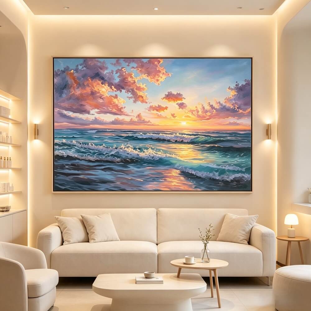 Hand-painted Textured Ocean Wave Oil Painting, Sunset Seascape Canvas Wall Art, Living Room Decor