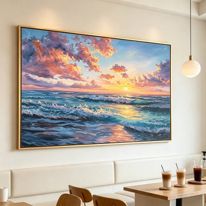 Hand-painted Textured Ocean Wave Oil Painting, Sunset Seascape Canvas Wall Art, Living Room Decor